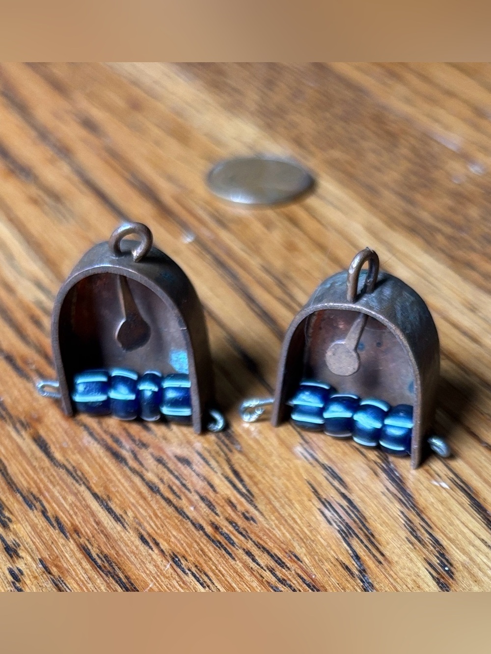 Copper Miniature Stirrup/Bell Charm Earring Pieces with Navy Beads